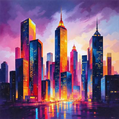 The primary subject of the image is a cityscape featuring a large city with tall buildings and a river running through it. The setting is a city at night, with the buildings and the river illuminated by lights. The visual style of the image is a digital art or illustration, showcasing the city's skyline and the river's reflection. The colors and mood of the image are vibrant and lively, with the lights creating a warm and inviting atmosphere.